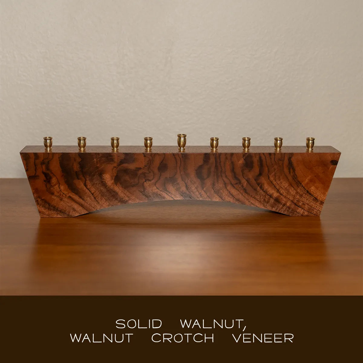 Hey Jude designer menorah in walnut crotch burl veneer, handcrafted modern Judaica piece