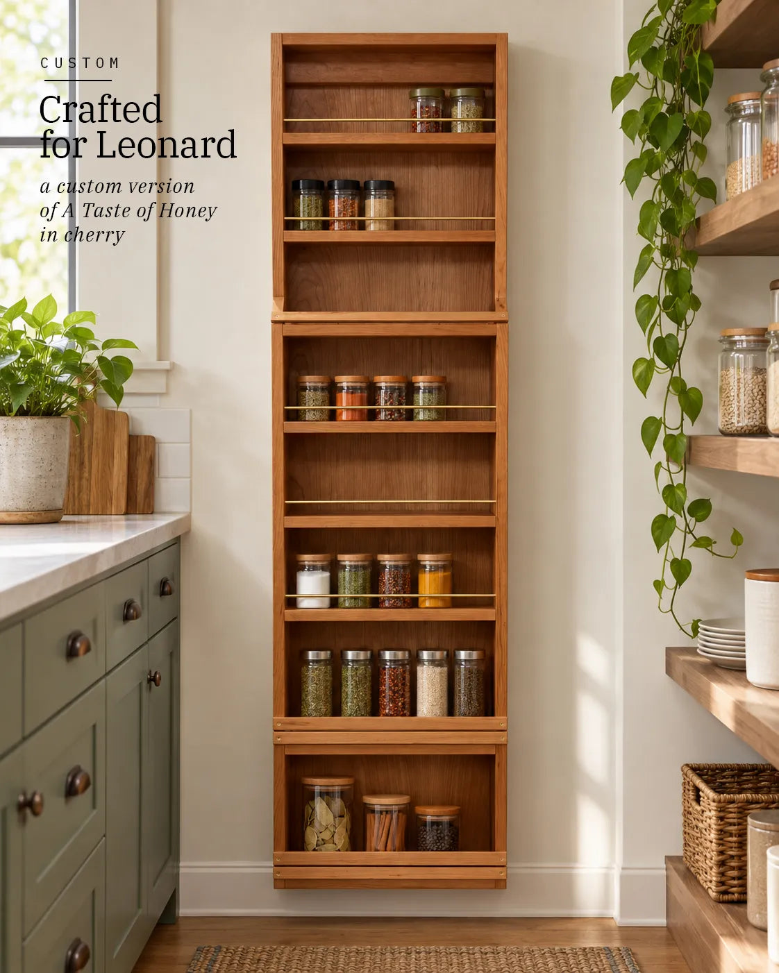 Custom A Taste of Honey spice rack in cherry wood with brass rails, made for Leonard and displayed in a kitchen.