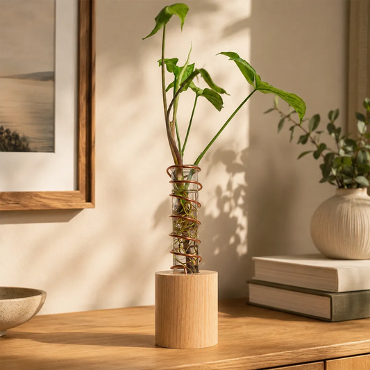 Handmade Lean on Me propagation vase with a solid oak wood base, polished copper support, and oversized glass tube for plant cuttings.