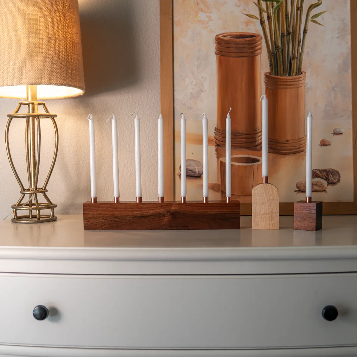 Modern handmade menorah in walnut and maple – Stand By Me by Dovetails and Stitches