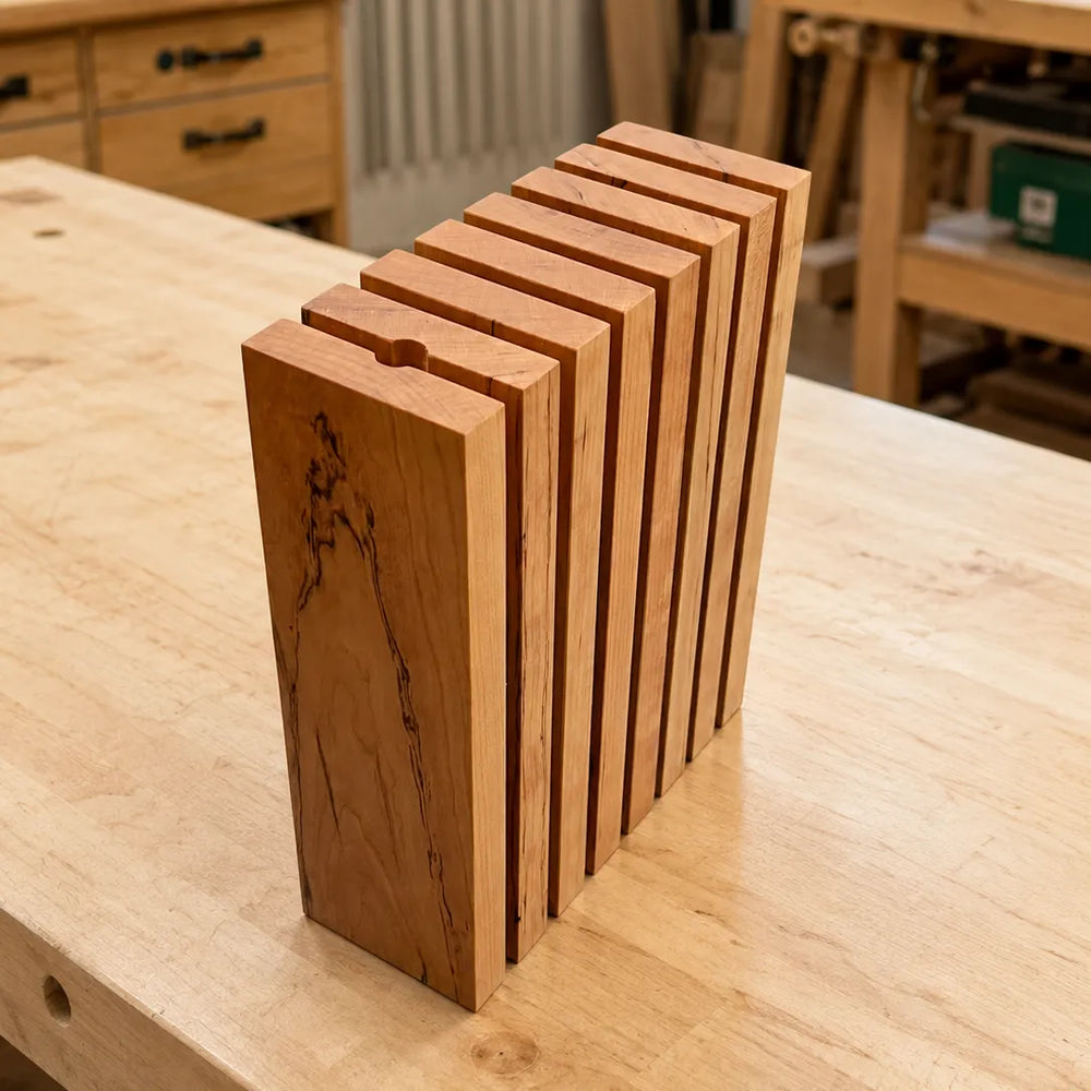 Custom version of The Chain hardwood knife block with six knife slots and a dedicated honing steel slot