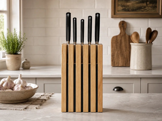 Front view of The Chain knife block in white oak holding kitchen knives