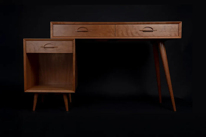 Handcrafted mid century modern desk made from solid cherry wood, part of the Dovetails and Stitches Signature Series.