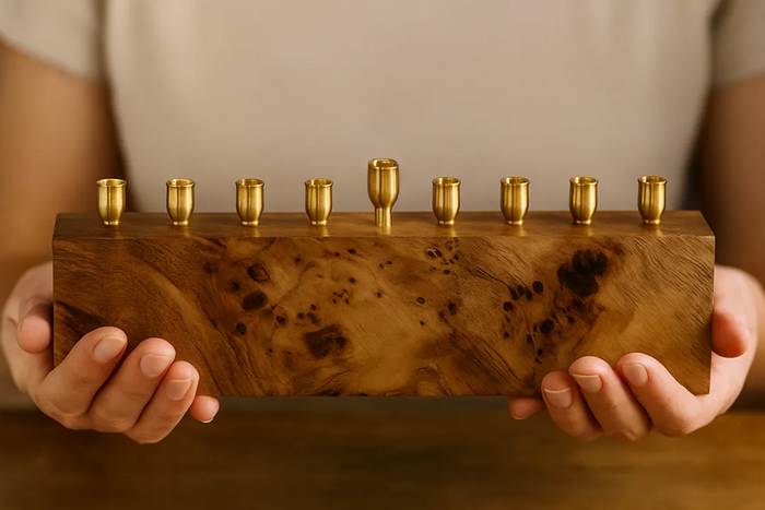 Asha holding a mappa burl menorah