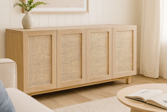 Coastal-style white oak media console with rattan doors in a bright, beach-inspired living room.