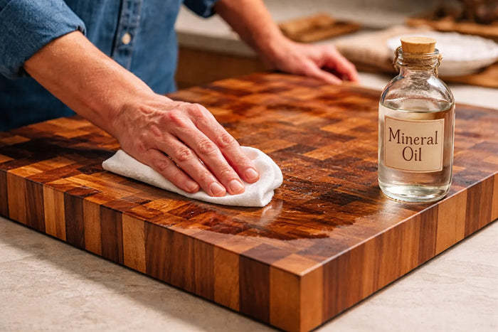 Conditioning a wooden cutting board with clear mineral oil to prevent drying and splitting