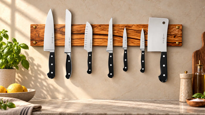 Gimme Shelter olive wood magnetic knife rack mounted on a kitchen wall with chef’s knives and brass screw details.