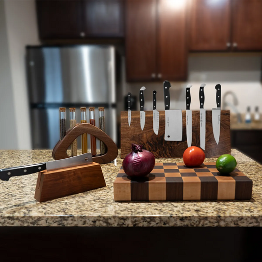 Handmade walnut knife block and solid wood cutting board, thoughtful kitchen gifts that get used every day