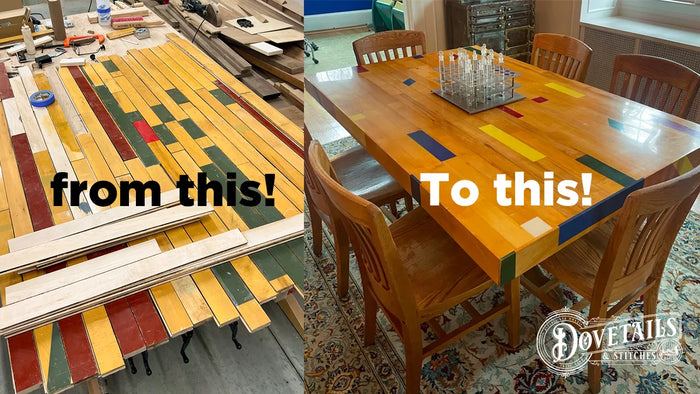 Makeover comparison: reclaimed basketball court boards vs. the finished “Rebound” dining table with colorful stripe details.
