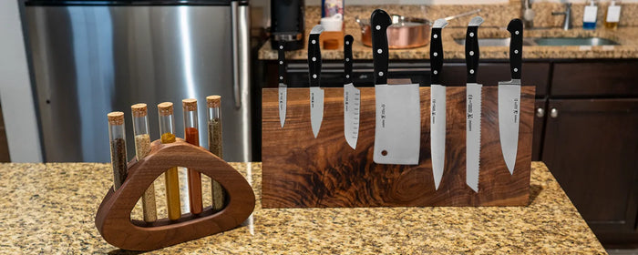 A photo of a beautiful knife block from a piece of crotch walnut