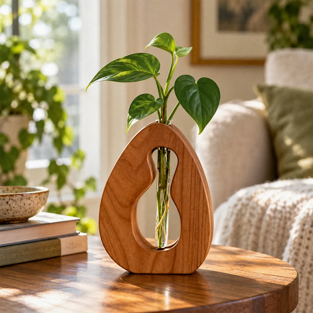 Daydream Believer handmade cherry propagation vase with a rooted plant cutting in a removable glass tube, displayed in a bright living room.