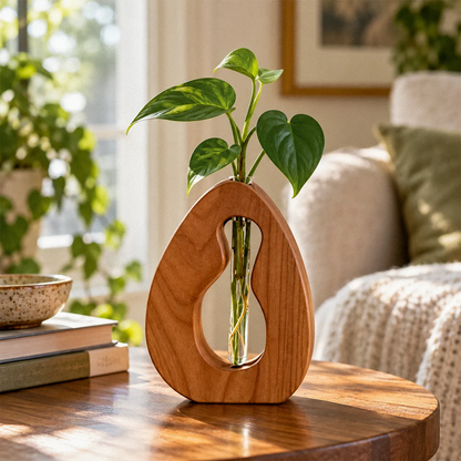 Daydream Believer handmade cherry propagation vase with a rooted plant cutting in a removable glass tube, displayed in a bright living room.