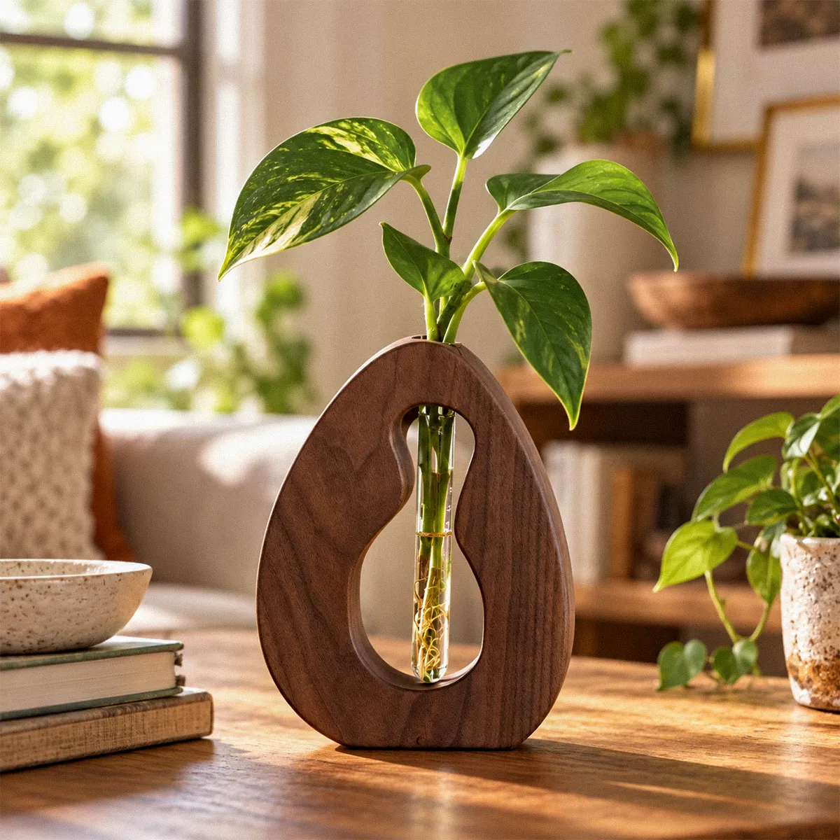 Daydream Believer handmade walnut propagation vase with a rooted plant cutting in a glass tube, styled in a sunlit living room.