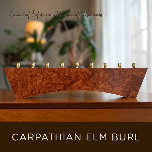 Hey Jude designer menorah in Carpathian elm burl veneer, handcrafted modern Hanukkah menorah by Dovetails and Stitches