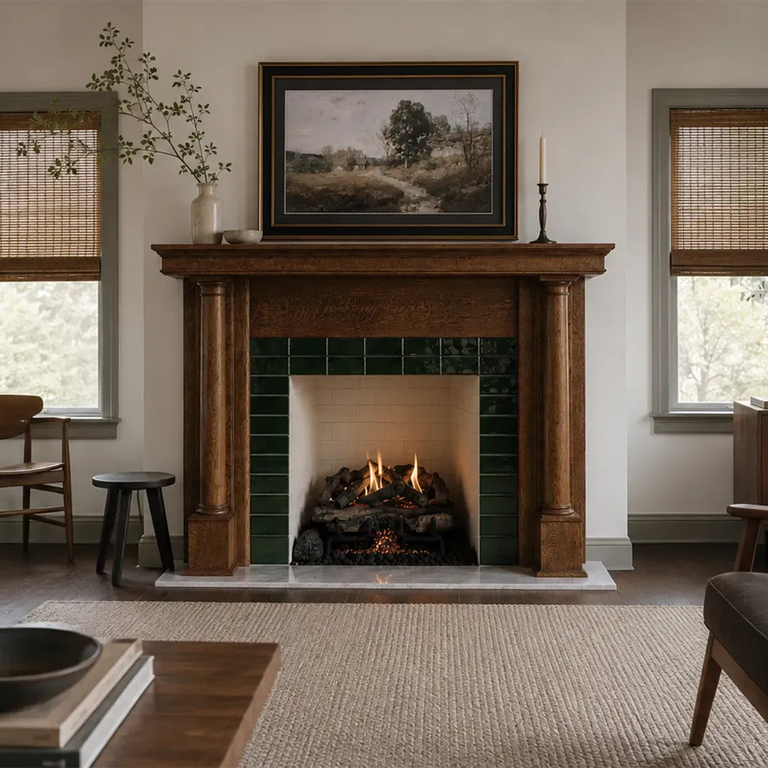 Custom fireplace surround called Fire and Rain, crafted from quarter-sawn white oak with green tile and marble hearth, installed in a modern living room