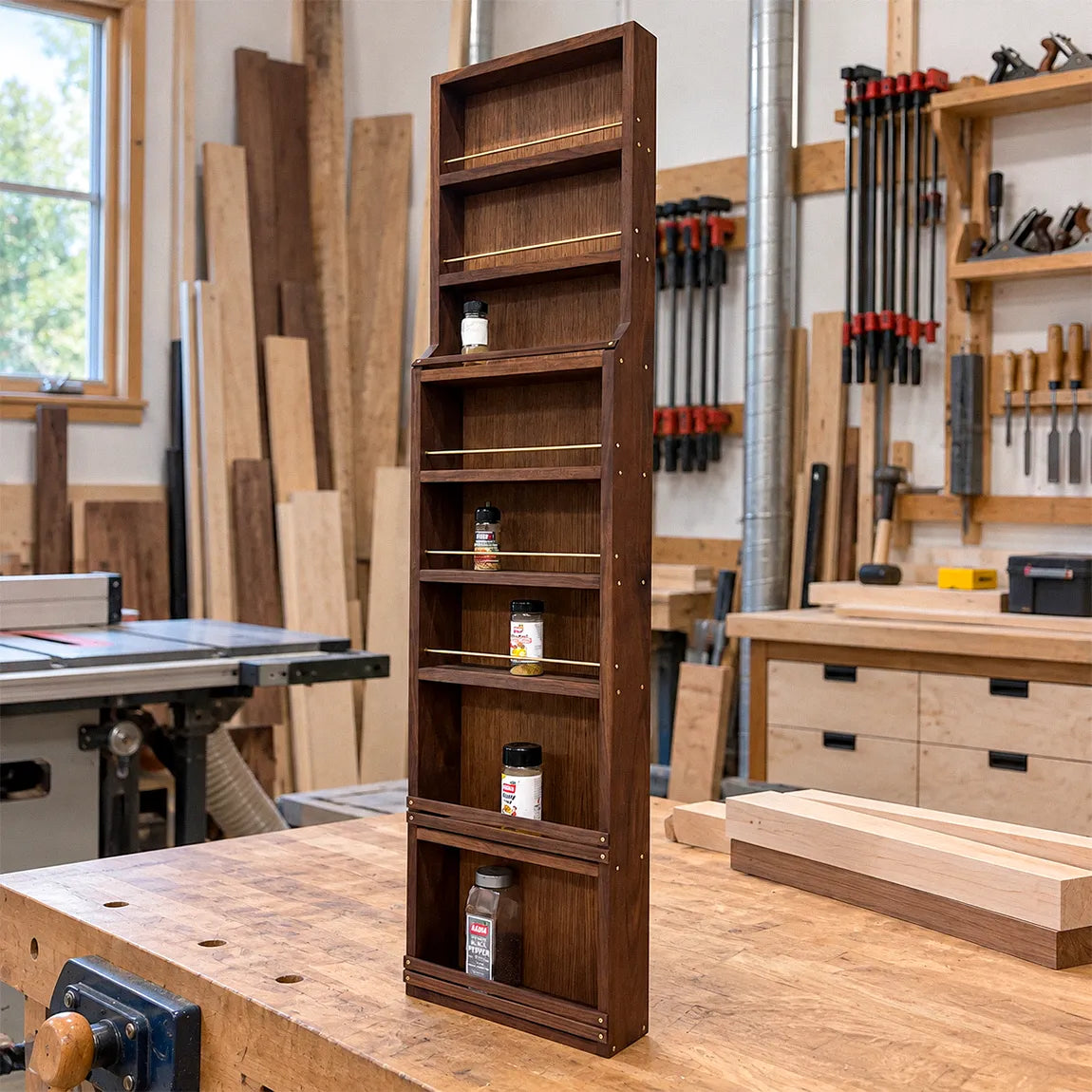 A Taste of Honey walnut spice rack standing on a workbench in the Dovetails and Stitches woodworking studio