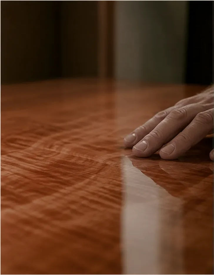 A hand resting on the polished surface of the Ania desk, light raking across the figured grain