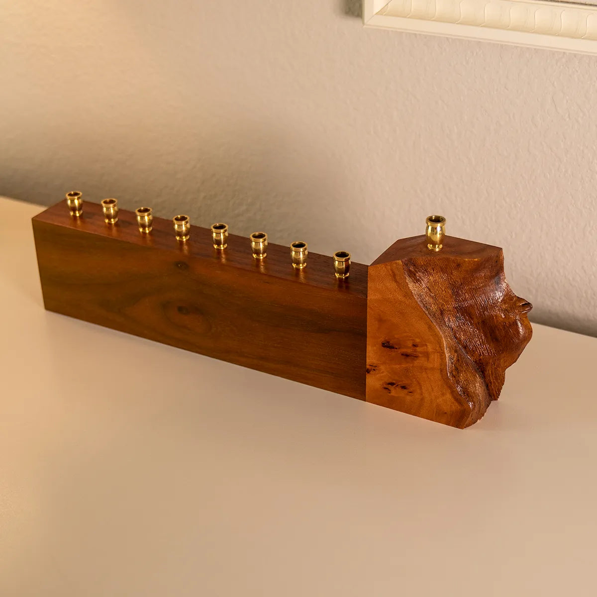 Piece of My Heart artisan wood menorah—walnut and mappa burl