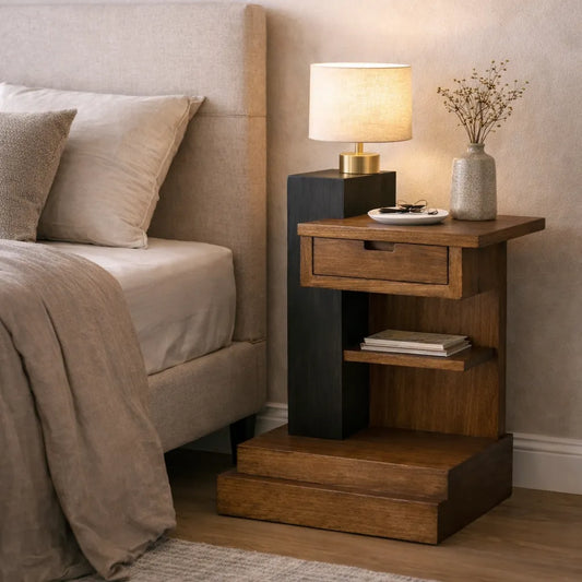 Neo Deco side table in warm hardwood with a dark contrasting vertical panel, single drawer, open shelf and stepped base beside an upholstered bed.