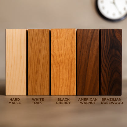 Wood finish samples for the Chain Knife Block, showing hard maple, white oak, black cherry, American walnut, and Brazilian rosewood