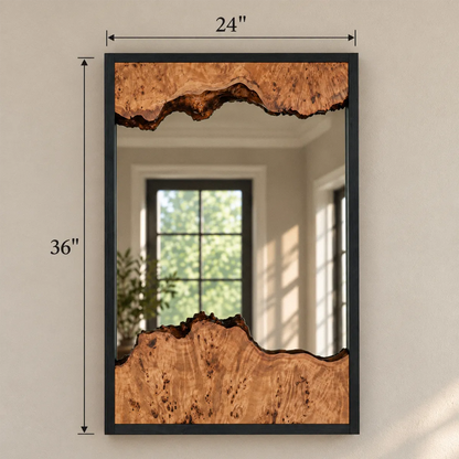 Burl wood mirror dimensions, 24 inches wide by 36 inches tall with a 3 inch deep frame