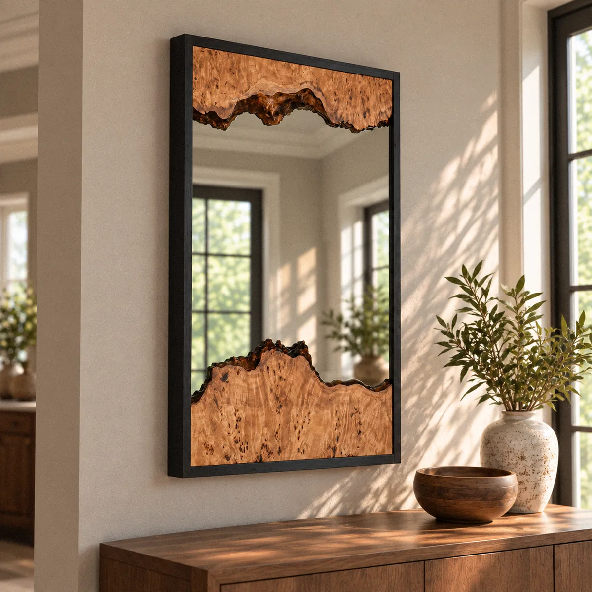The mirror in an entryway above a walnut console, live edge burl across the top and bottom of the glass