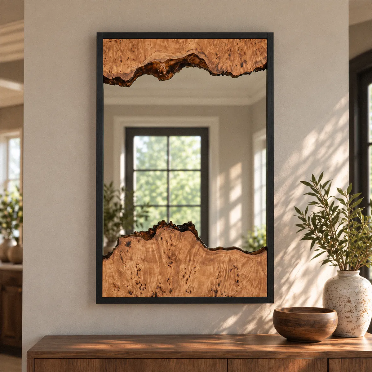 Morning Has Broken burl wood mirror with live edge Mappa burl and a narrow black frame, hung above a walnut console