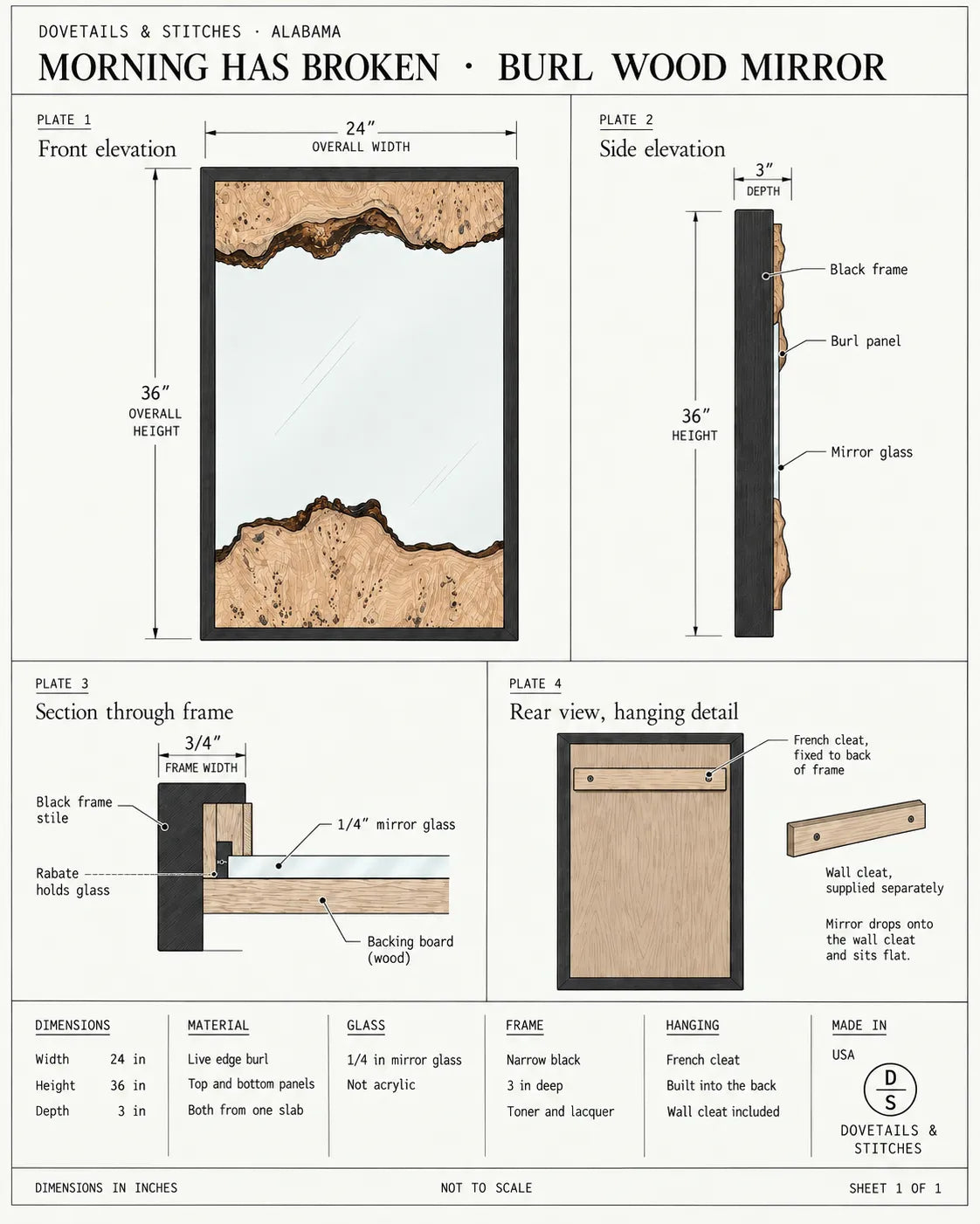 Dimensioned drawing of the Morning Has Broken burl wood mirror, 24 inches wide by 36 inches tall by 3 inches deep, showing the live edge burl panels above and below the glass and the French cleat on the back