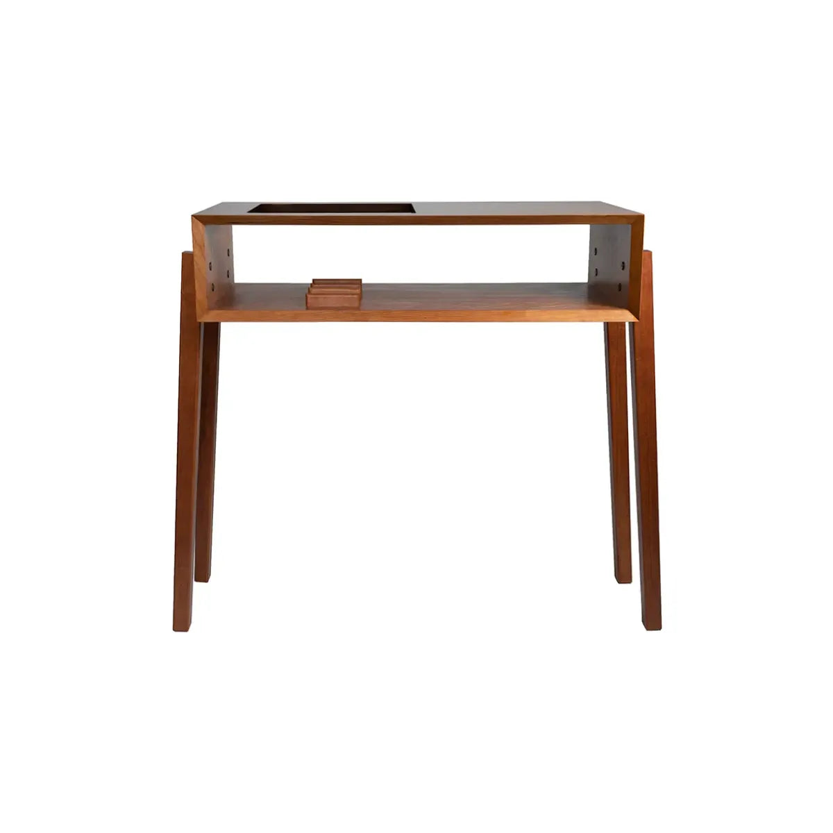 Front view of She’s a Lady cherry record player stand, mid-century modern vinyl storage cabinet with open shelf and upright album support