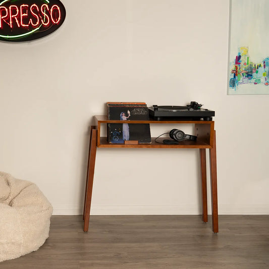 She’s a Lady cherry record player stand, mid-century modern vinyl storage cabinet with upright album display and turntable platform