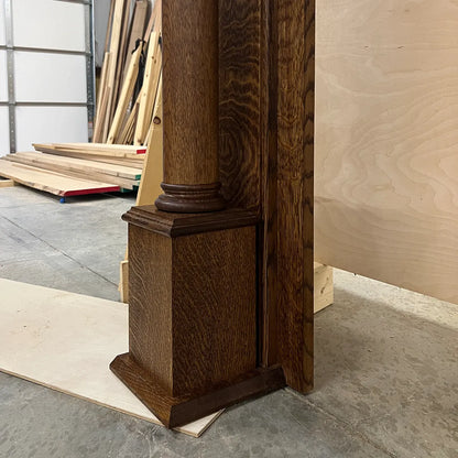Closeup of quarter-sawn white oak grain and medullary rays on custom fireplace surround
