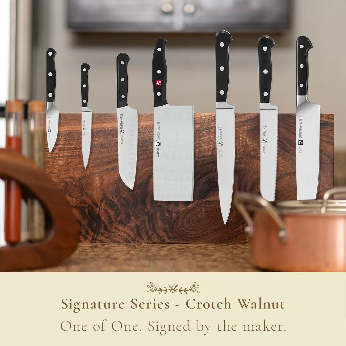 Child of Nature magnetic knife block crafted from crotch walnut, signature series, one-of-one design