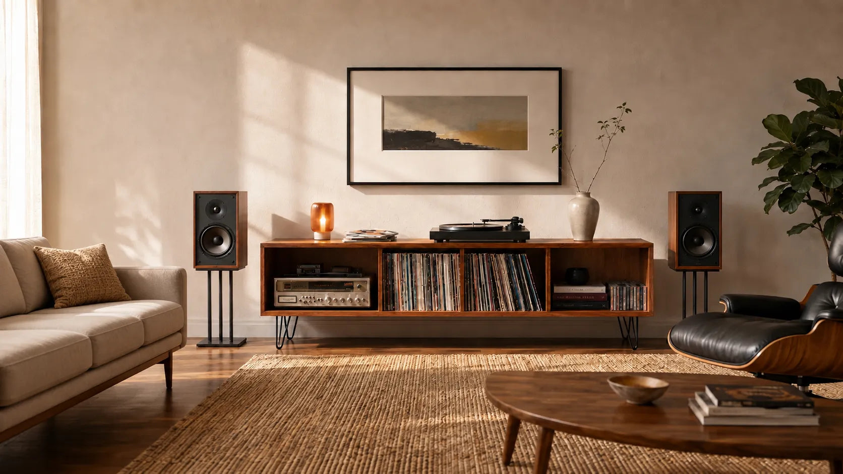 Handcrafted Sweet Caroline mid-century modern media console in solid cherry, styled in a warm MCM living room with a turntable, vinyl records, and bookshelf speakers.