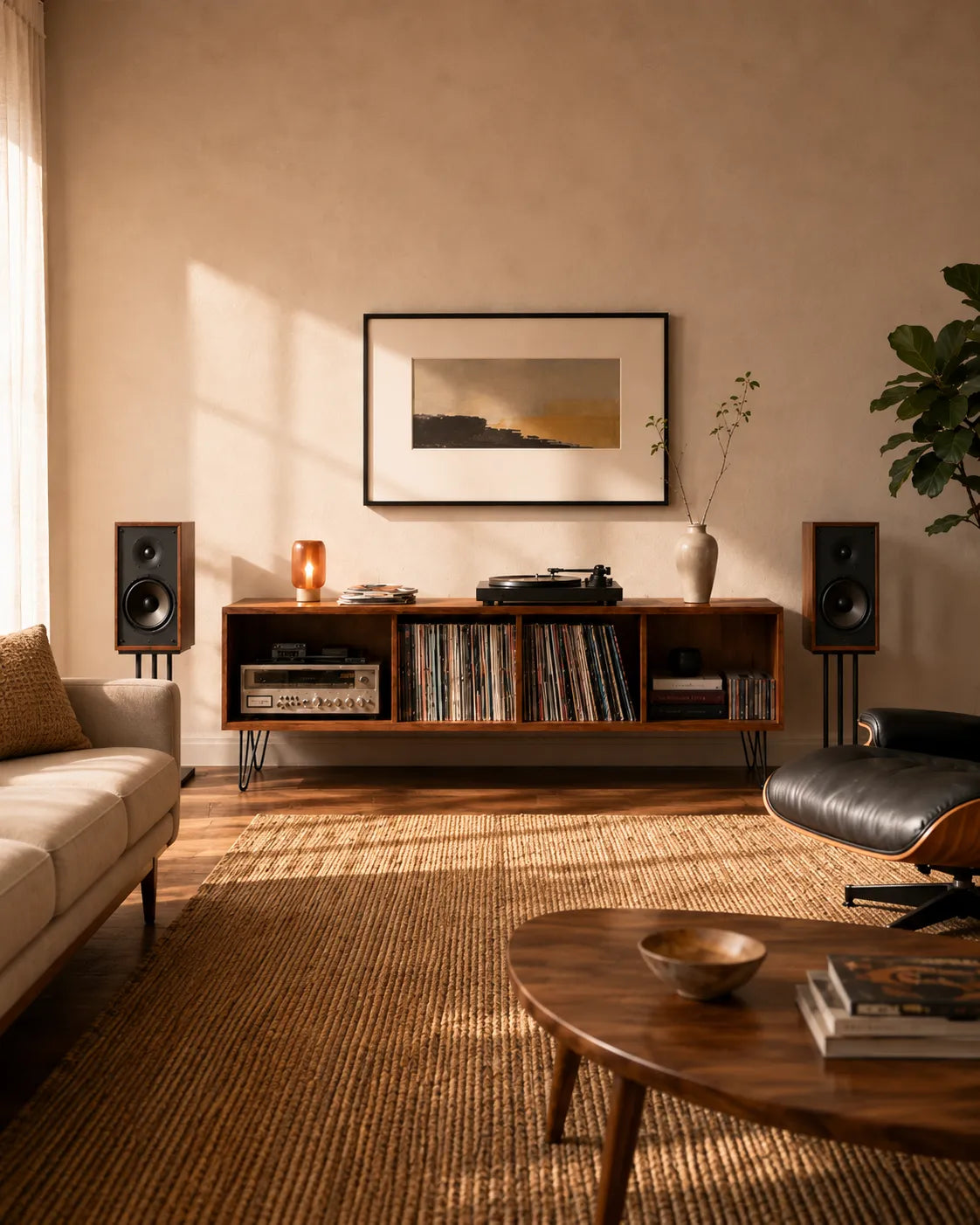 Handcrafted Sweet Caroline mid-century modern media console in solid cherry, styled in a warm MCM living room with a turntable, vinyl records, and bookshelf speakers.