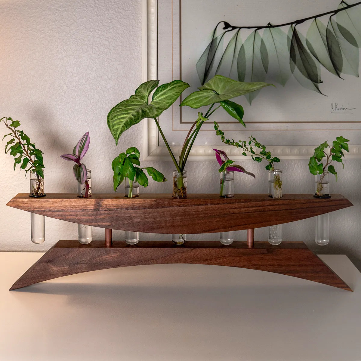 Handmade plant propagation vase in walnut hardwood with copper accents, 7 test tubes for rooting cuttings