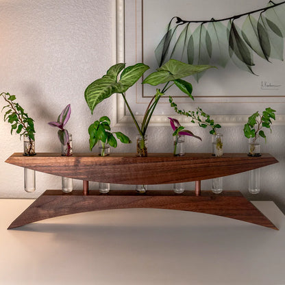 Handmade plant propagation vase in walnut hardwood with copper accents, 7 test tubes for rooting cuttings