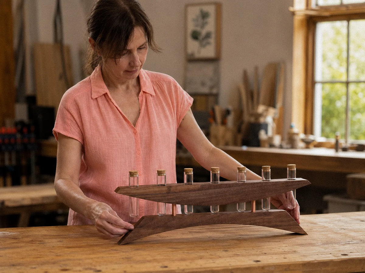 Asha holding the East of the Sun propagation vase, in walnut and copper, across the studio workbench