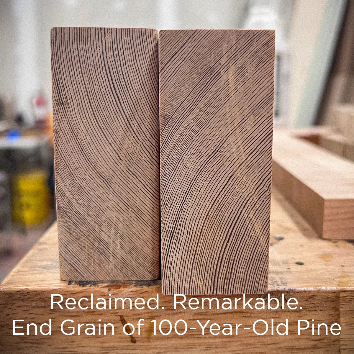 End grain close-up of reclaimed heart pine used in our farmhouse menorah, showing dense growth rings and unique historic character.