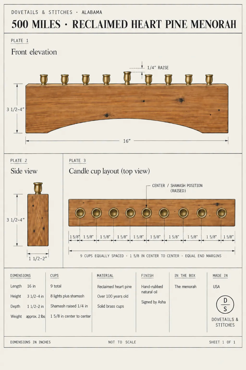 A product specification drawing for the 500 Miles reclaimed heart pine farmhouse menorah by Dovetails & Stitches, showing front elevation, side view, and candle-cup layout with dimensions, the nine-cup spacing, and the raised center shamash.