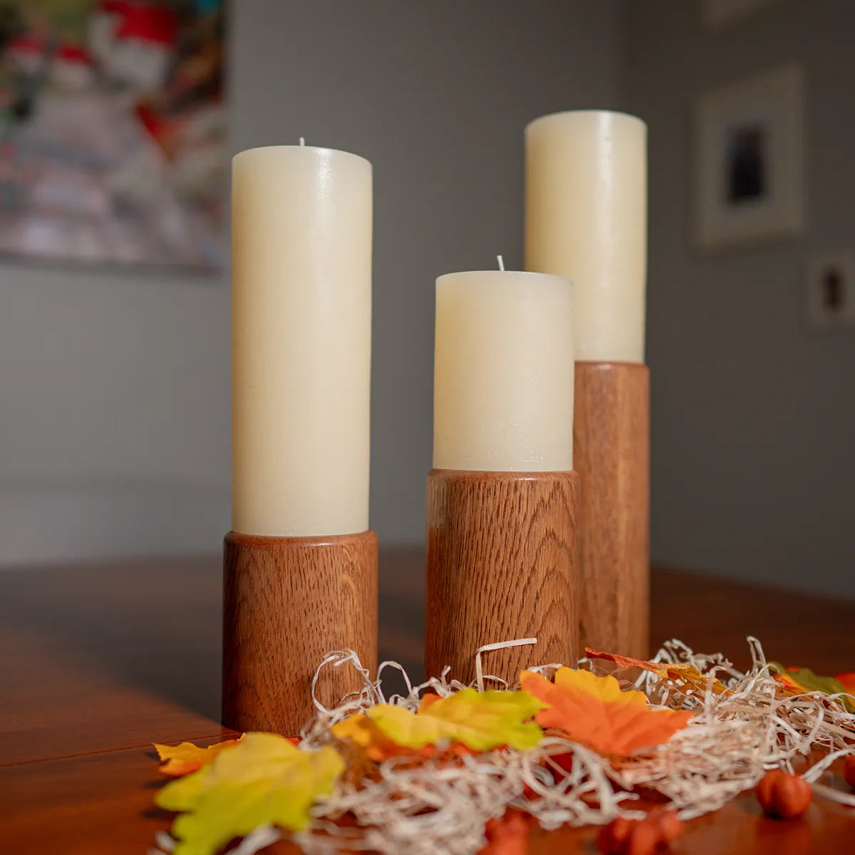 Modern wood pillar candle holders, set of 4, hand-shaped and finished, Fire & Rain design, shown from the side.