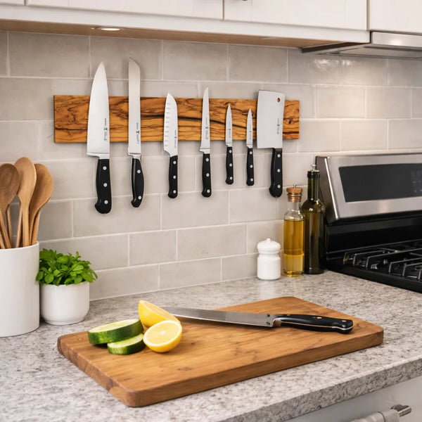 Olive wood Gimme Shelter magnetic knife rack mounted on a kitchen
wall holding seven knives