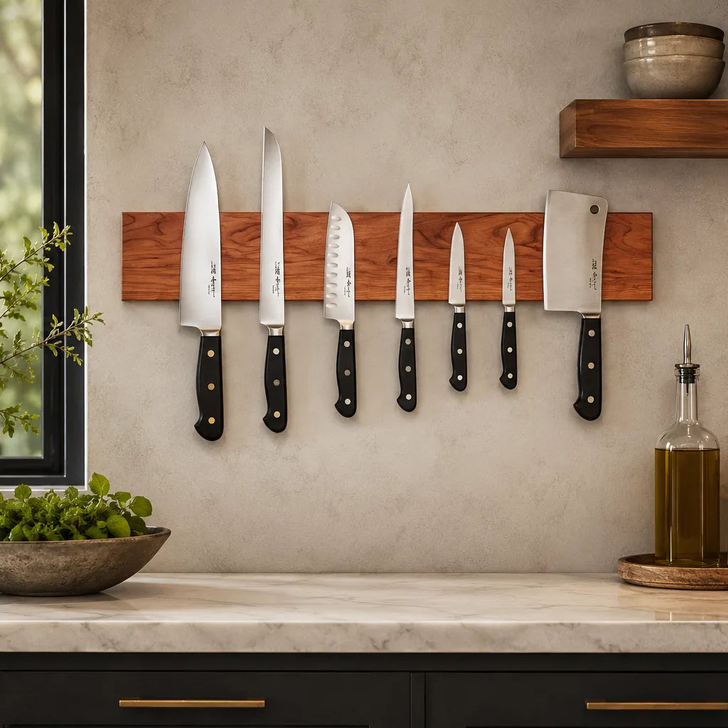 Handcrafted cherry wood magnetic knife bar holding seven kitchen knives in a modern kitchen.
