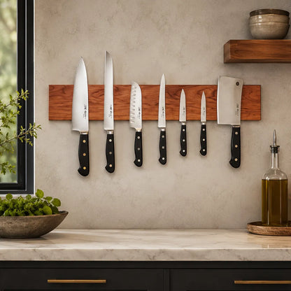 Handcrafted cherry wood magnetic knife bar holding seven kitchen knives in a modern kitchen.