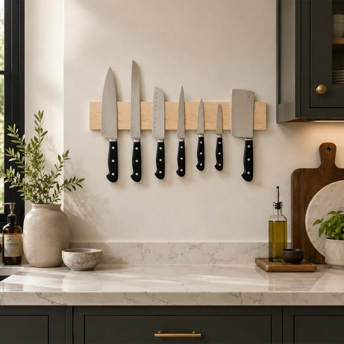 Handcrafted maple wood magnetic knife bar holding seven kitchen knives in a modern transitional kitchen.