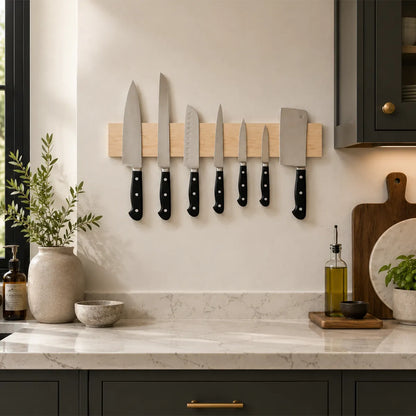 Handcrafted maple wood magnetic knife bar holding seven kitchen knives in a modern transitional kitchen.