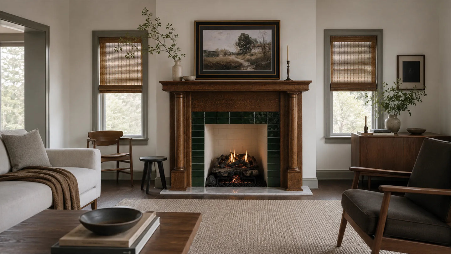 Oak fireplace surround handcrafted by Dovetails and Stitches, with the fire lit, styled in a living room