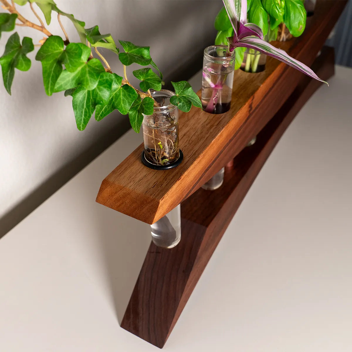 Detail view of handmade plant propagation vase in walnut with polished copper accents and glass test tubes