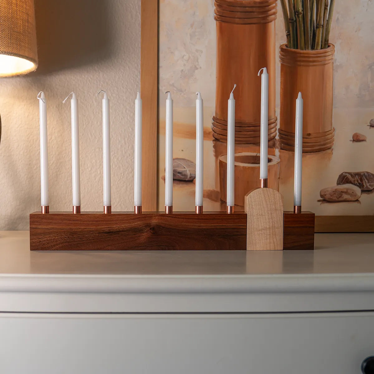 Handmade menorah in walnut, maple, and copper