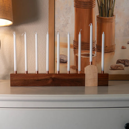 Handmade menorah in walnut, maple, and copper
