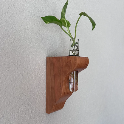 Hang On Sloopy wall-mounted propagation station in cherry, handcrafted wood vase holder with glass tube for plant cuttings, modern wall decor for plant lovers